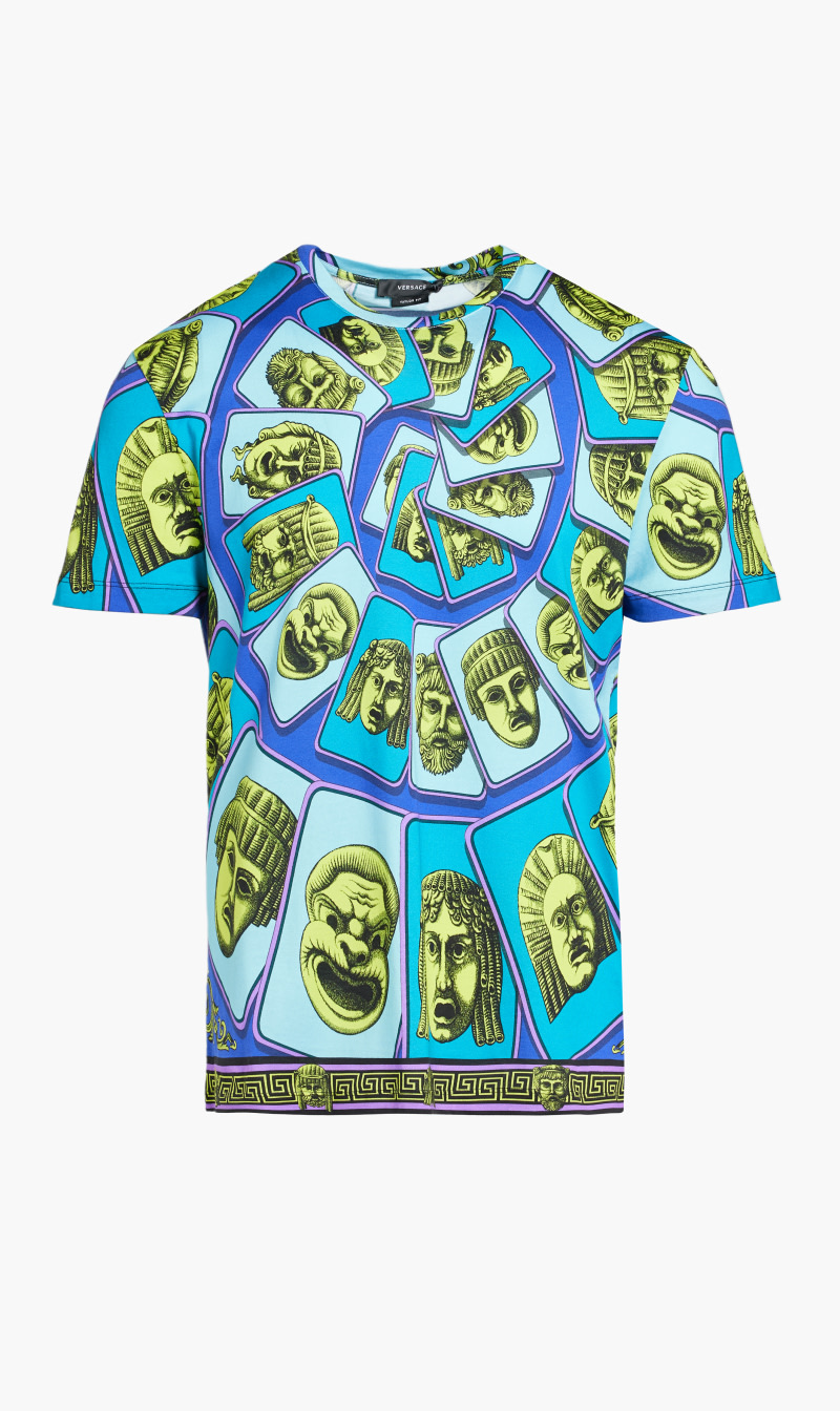 

Versace Blue T-shirt Organic Cotton Jersey Fabric With Masks Foulard Print for Men | The Deal Outlet