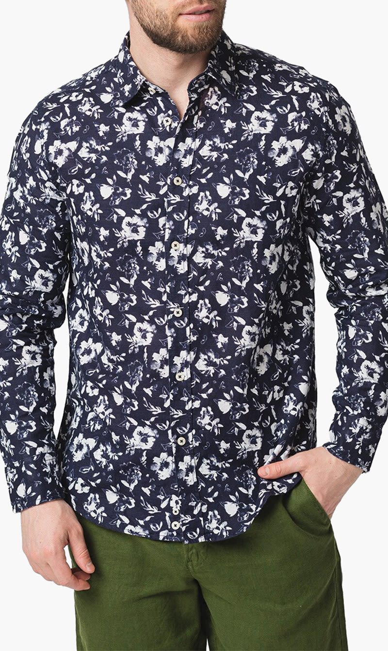 Blue United Colors Of Benetton White Floral Print Linen Blend Shirt for Men