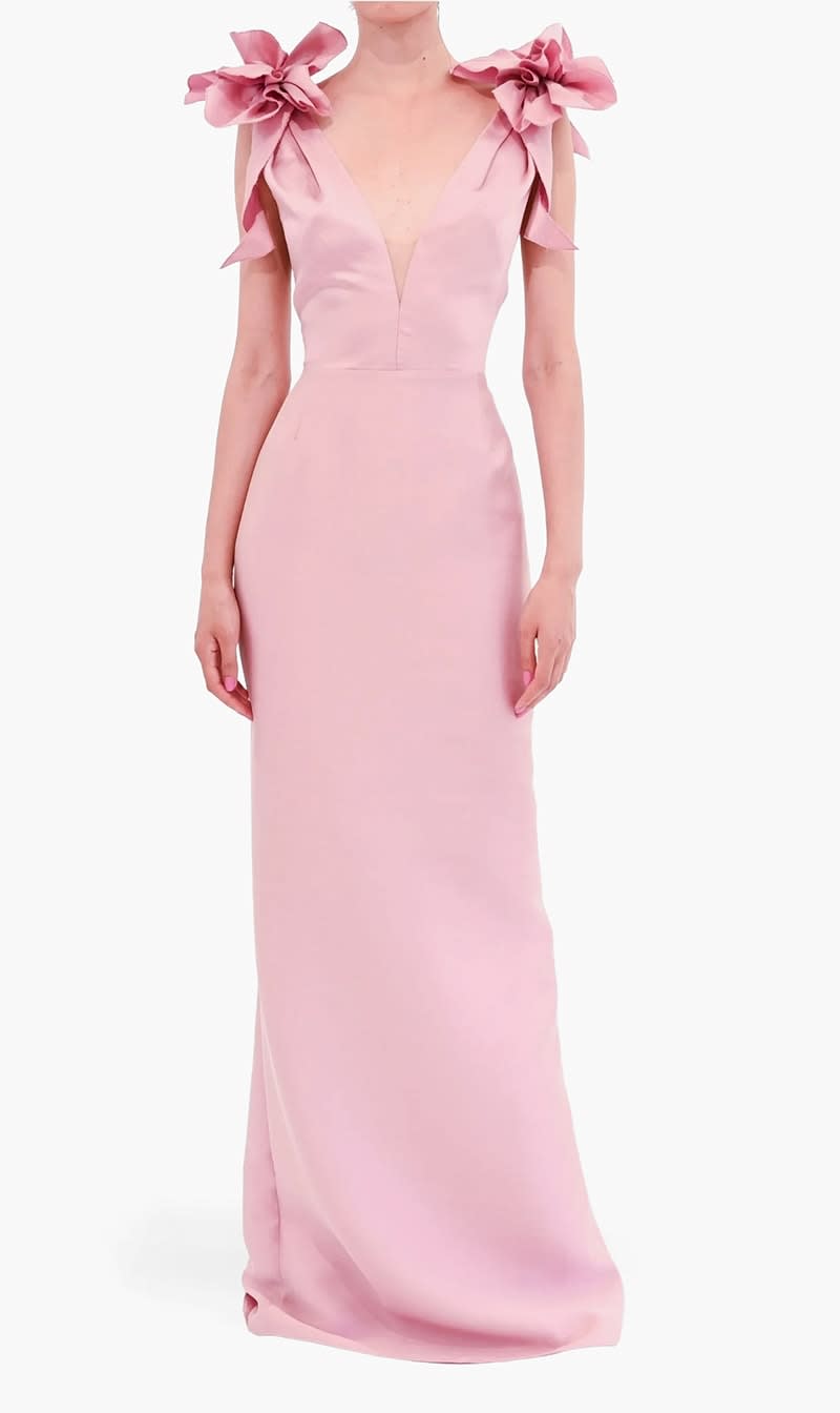

5685 Pink Sleeveless Deep V Neck Silk Mikado Column Gown With Hand Draped Floral Details On Shoulder for Women | The Deal Outlet