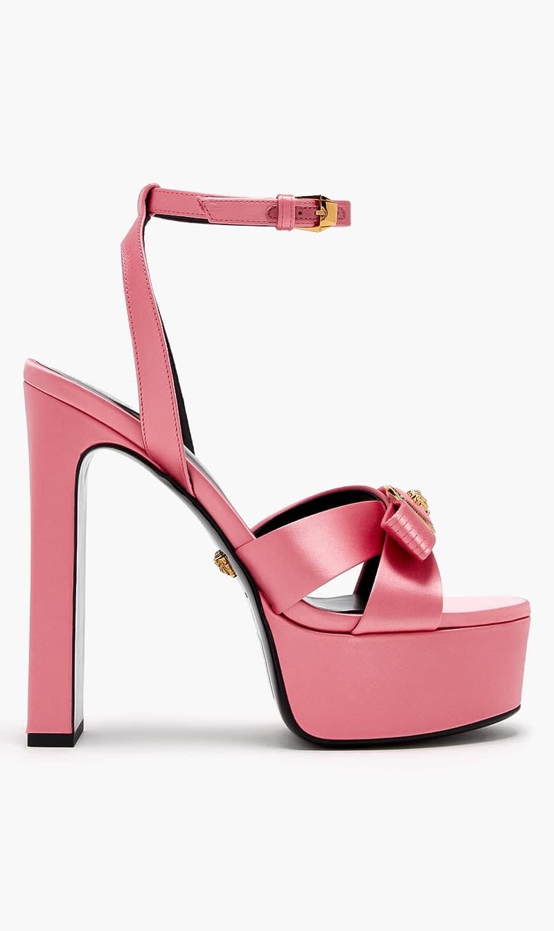 

Versace Pink Gianni Ribbon Satin Sandals for Women | The Deal Outlet