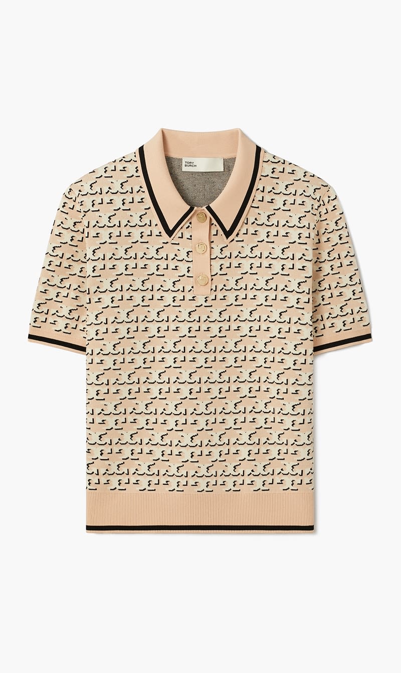 

Tory Burch Beige Logo Jacquard Polo Top for Women | The Deal Outlet