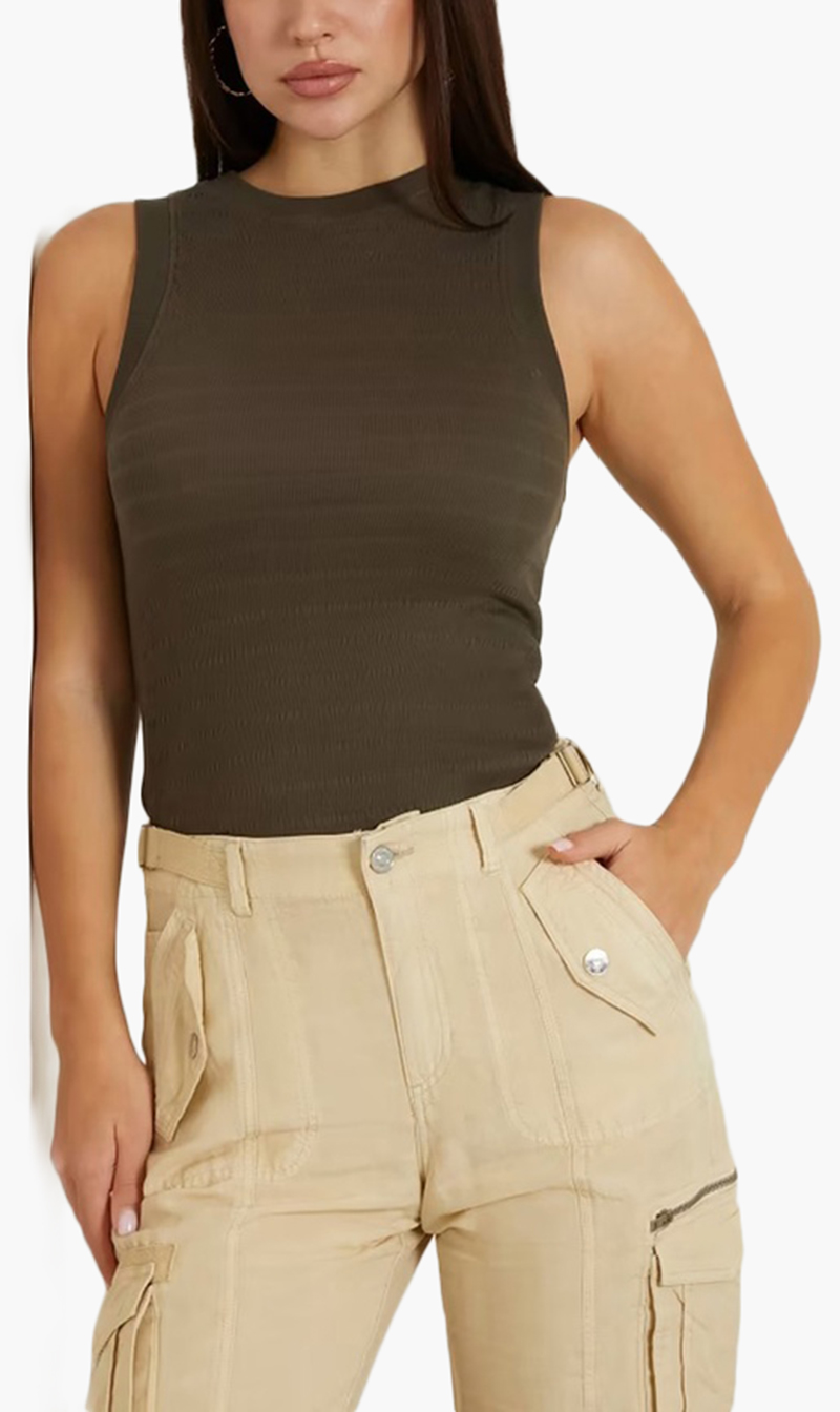 

Guess Brown Denisa Striped Jersey Top for Women | The Deal Outlet