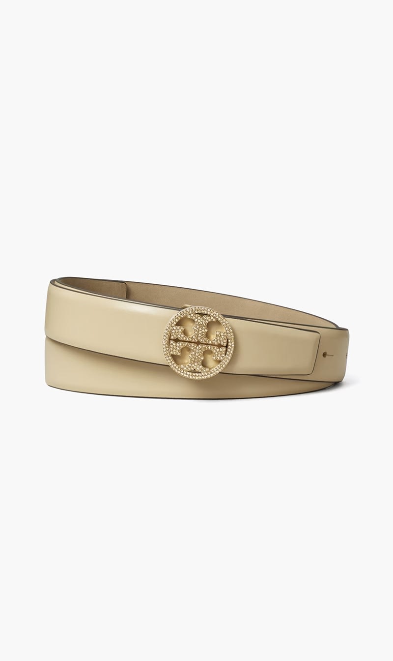 

Tory Burch Beige Miller Smooth Leather Pave Logo Belt for Women | The Deal Outlet