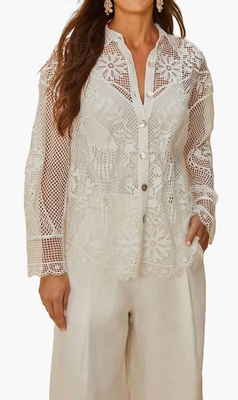 

Farm Rio White Landscape Guipure Off White Shirt for Women | The Deal Outlet