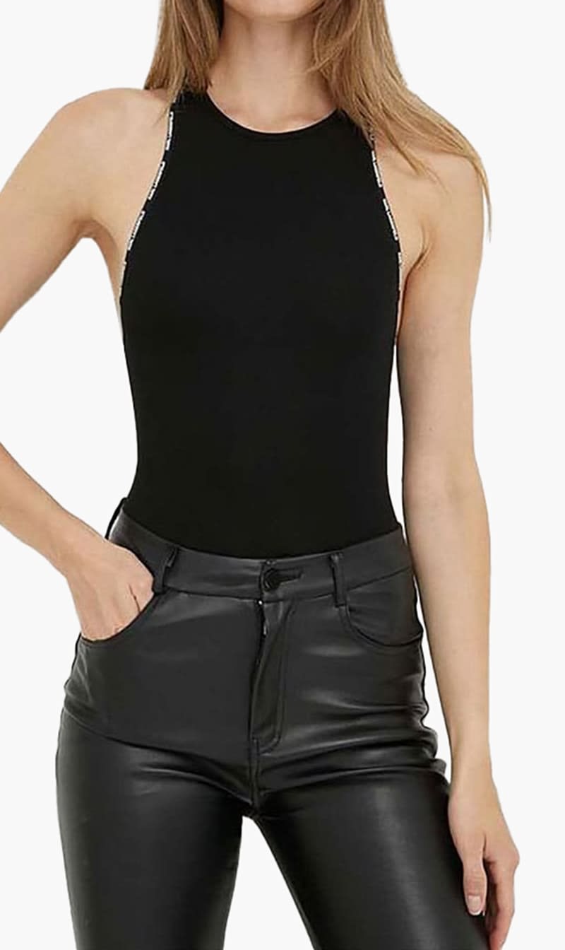 

Karl Lagerfeld Black Mini Logo Racer Back Bodysuit for Women | The Deal Outlet