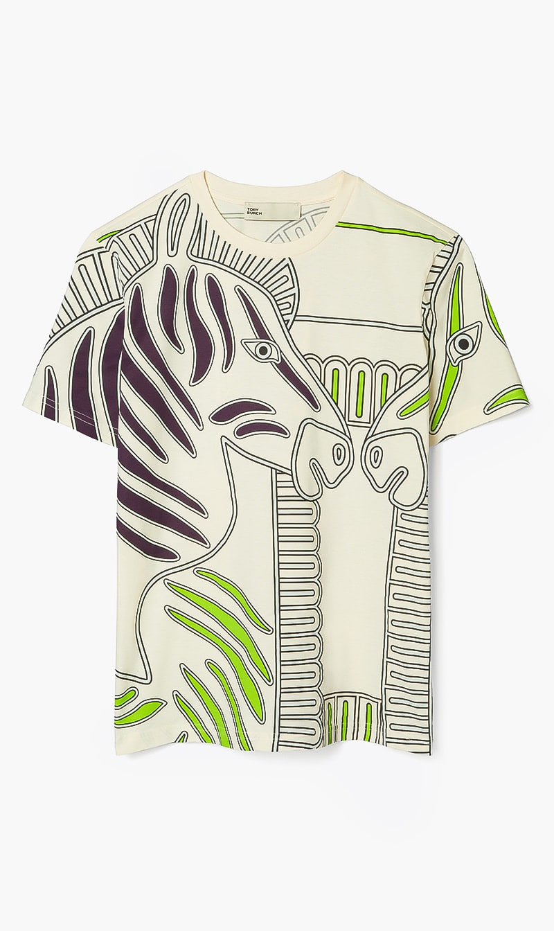 

Tory Burch Beige Printed Jersey T-shirt for Women | The Deal Outlet