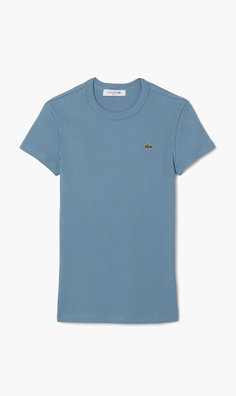 Blue Lacoste Beige Slim Fit Ribbed Cotton T-shirt for Women