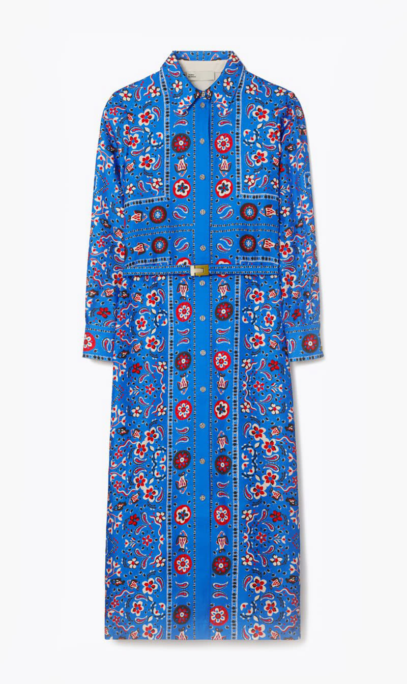 

Tory Burch Blue Printed Silk Shirtdress for Women | The Deal Outlet