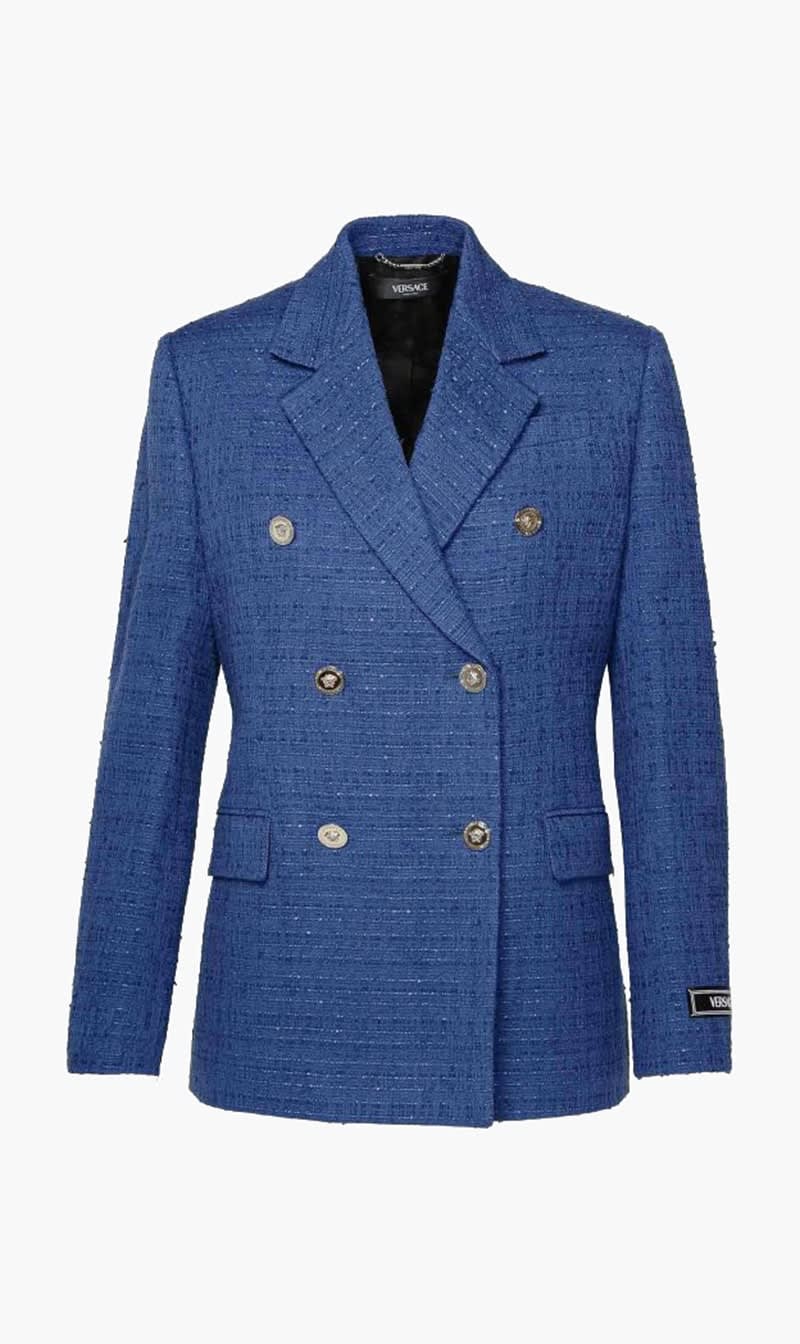 

Versace Blue Informal Jacket Cotton Mix Summer Tweed Fabric for Women | The Deal Outlet