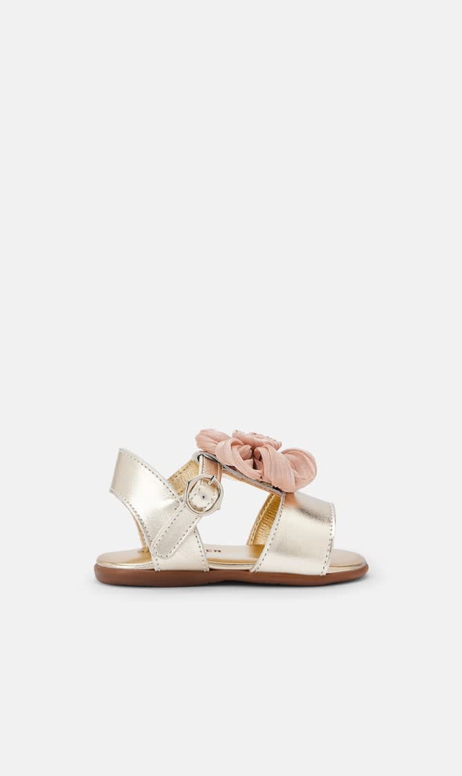 

Babywalker Gold Chiffon Flower Embellished Leather Sandals for Girls | The Deal Outlet