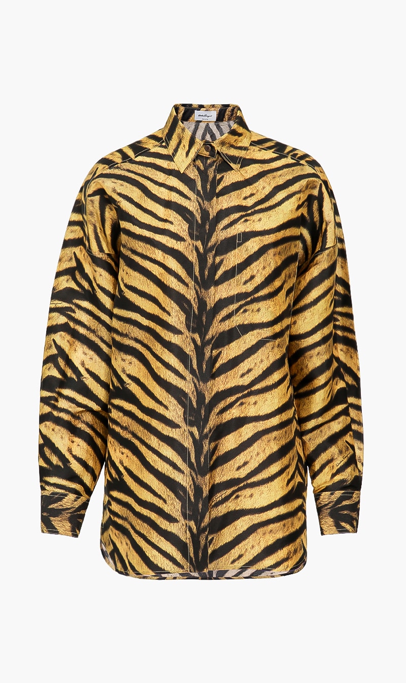 

Salvatore Ferragamo Yellow Silk Tiger Print Shirt for Women | The Deal Outlet