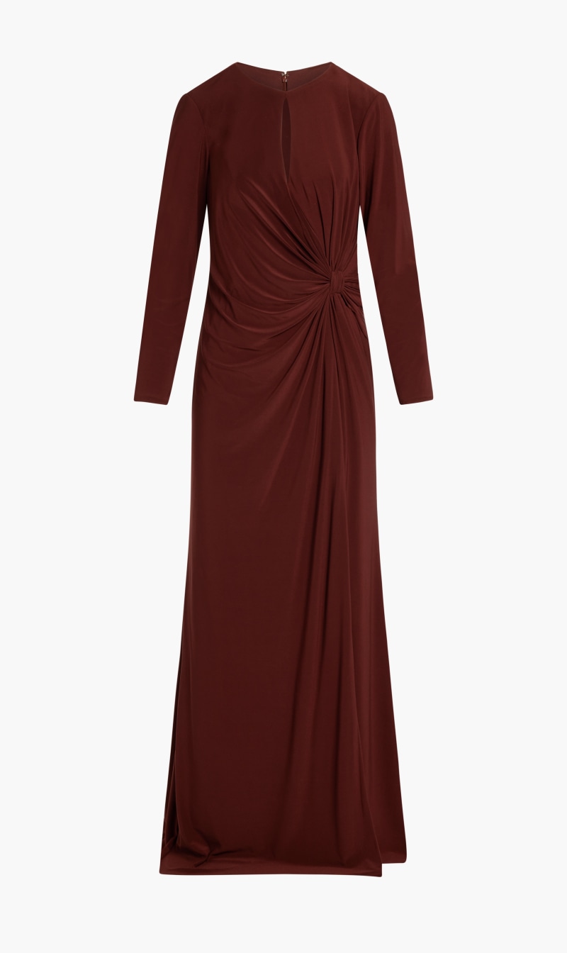 

Mac duggal long sleeve keyhole draped gown | the deal outlet, Brown