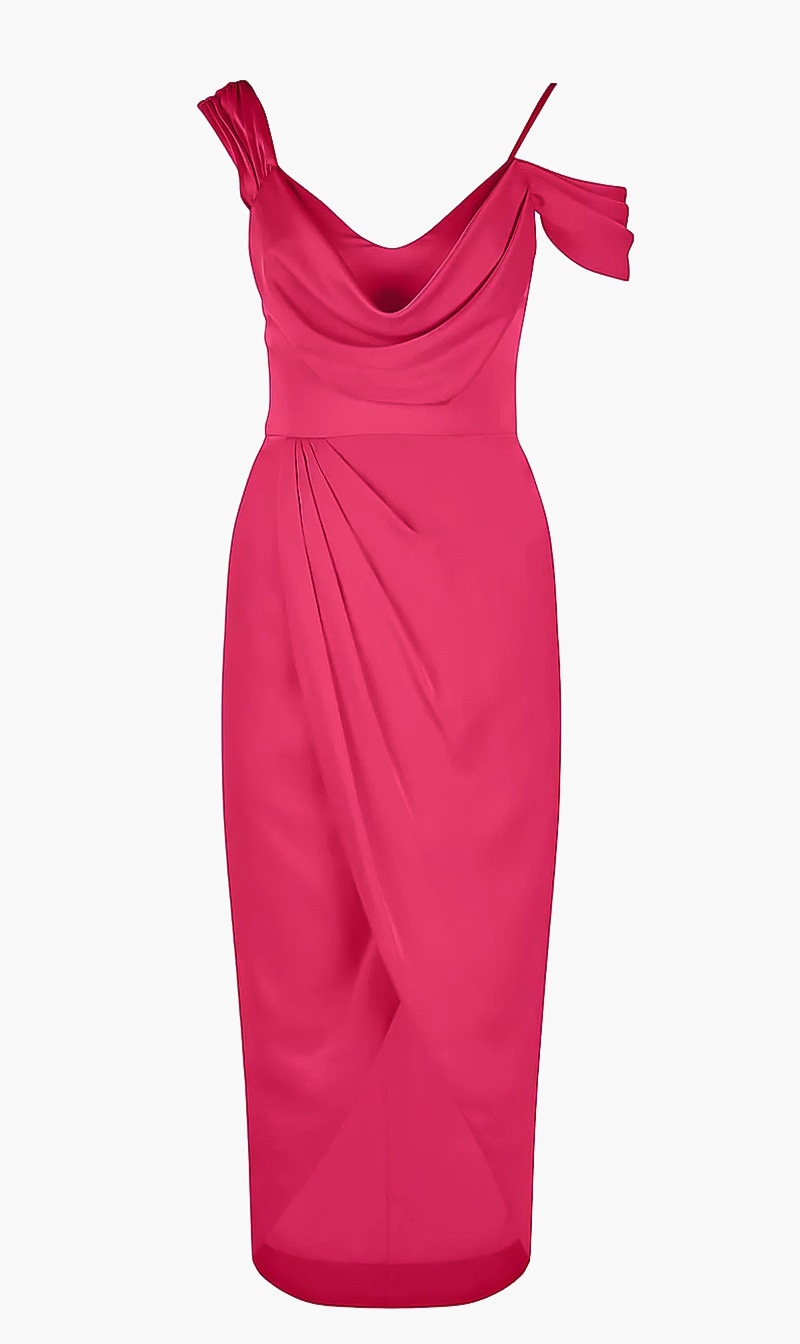 

Theia Pink Andi Faux Wrap Midi Dress for Women | The Deal Outlet