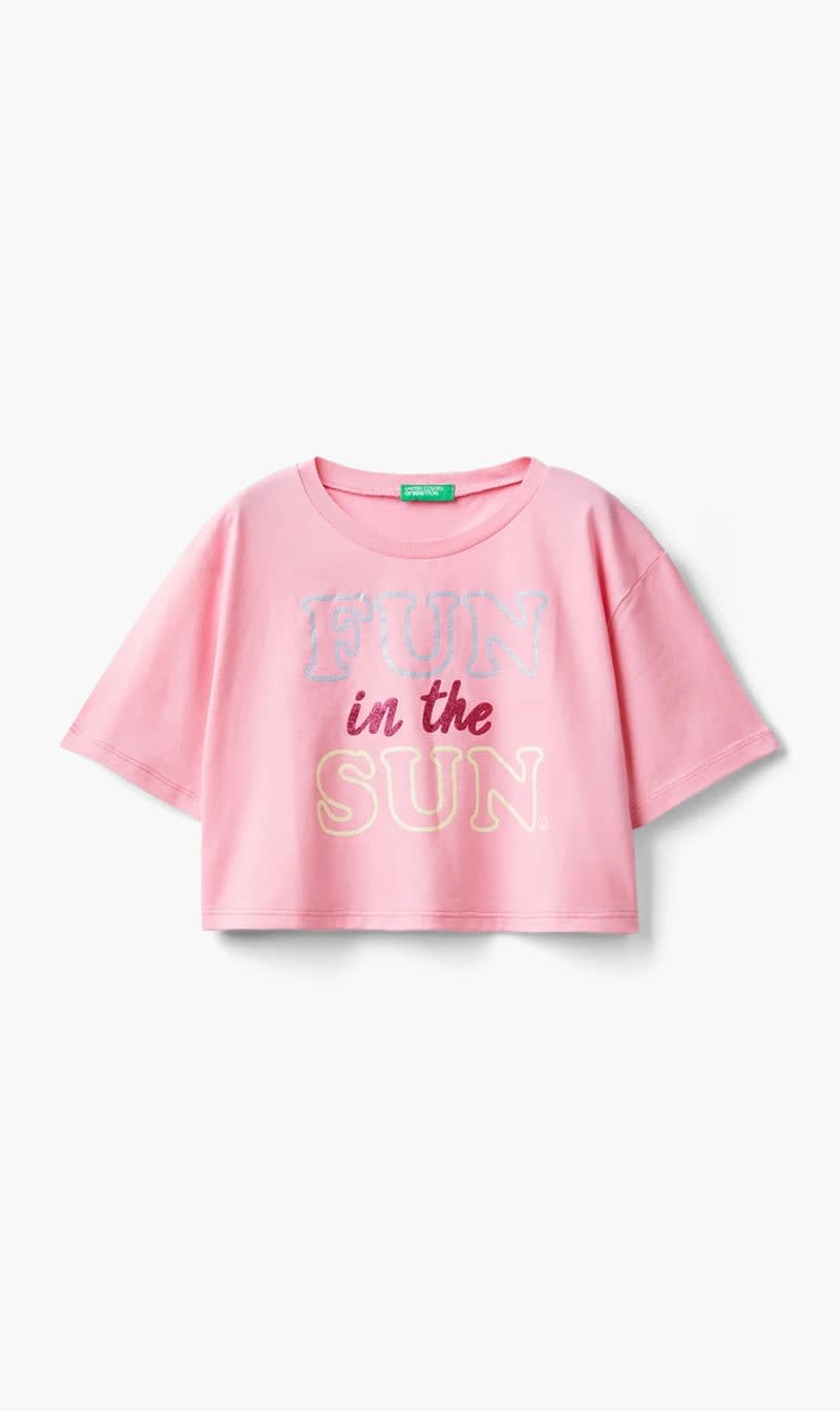 Pink United Colors Of Benetton White Glitter Print T-shirt for Girls