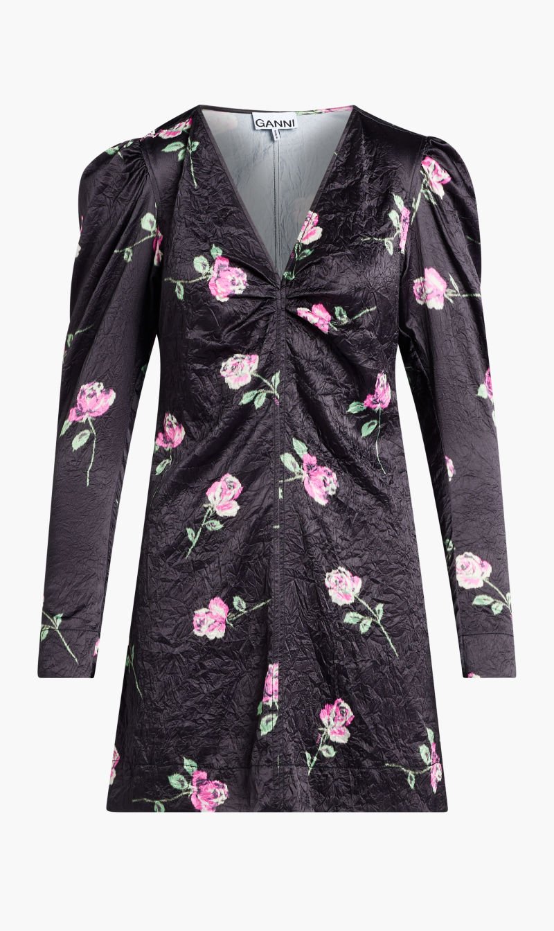 

Ganni Black Crinkled Satin V-neck Mini Dress for Women | The Deal Outlet