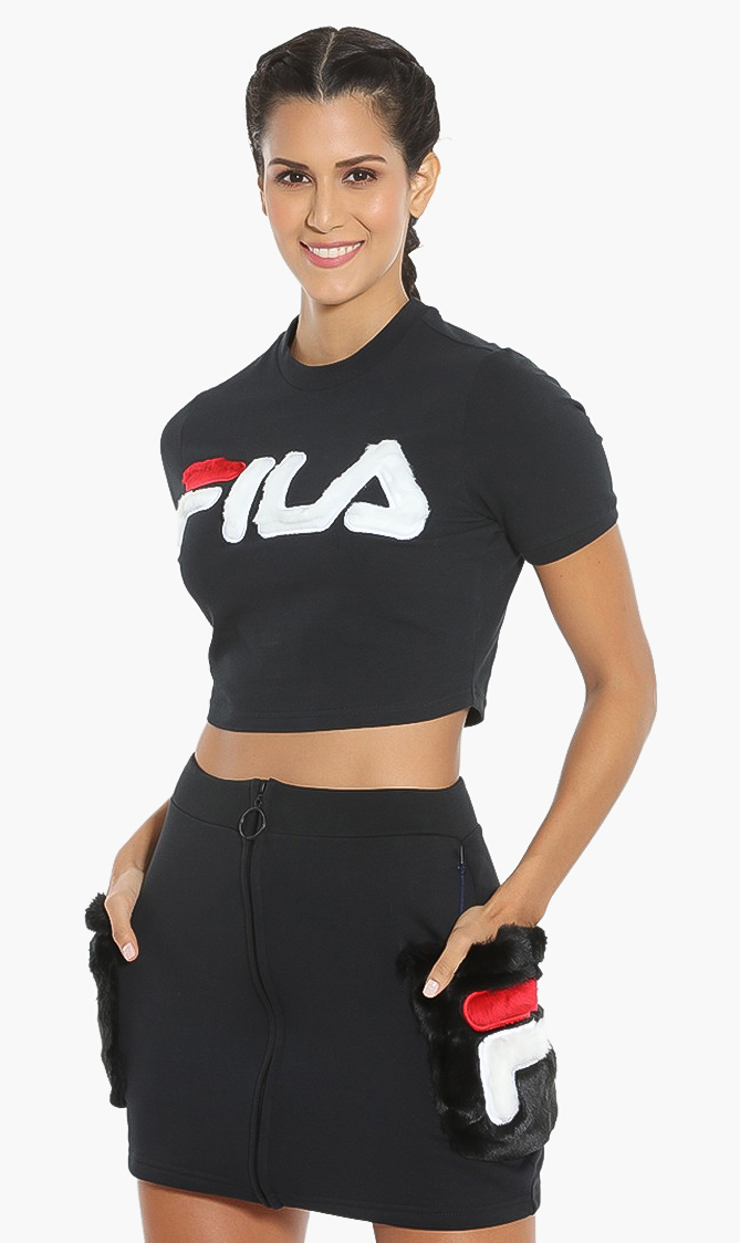 

Barbbara Cropped Fur Logo Ringer Tee, Black