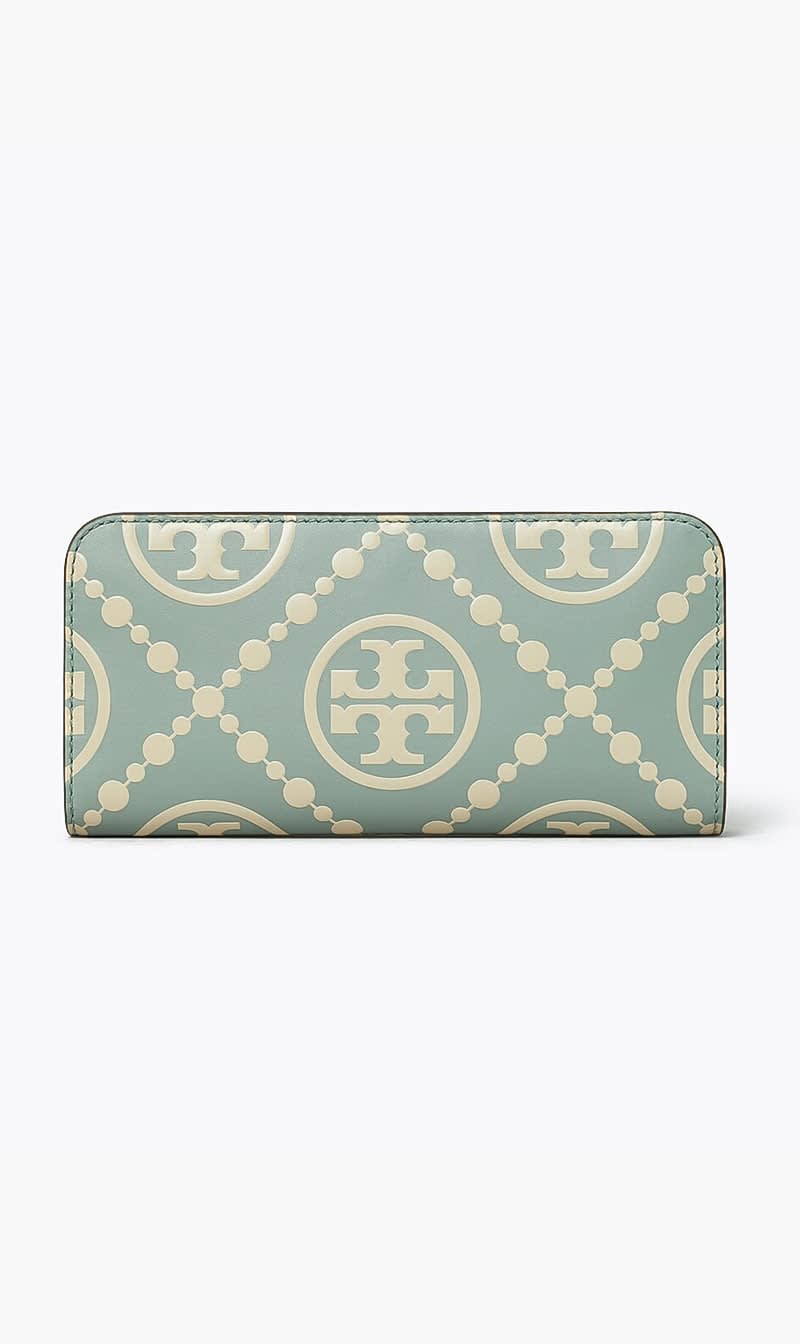 

Tory Burch Blue T Monogram Contrast Embossed Zip Slim Wallet for Women | The Deal Outlet