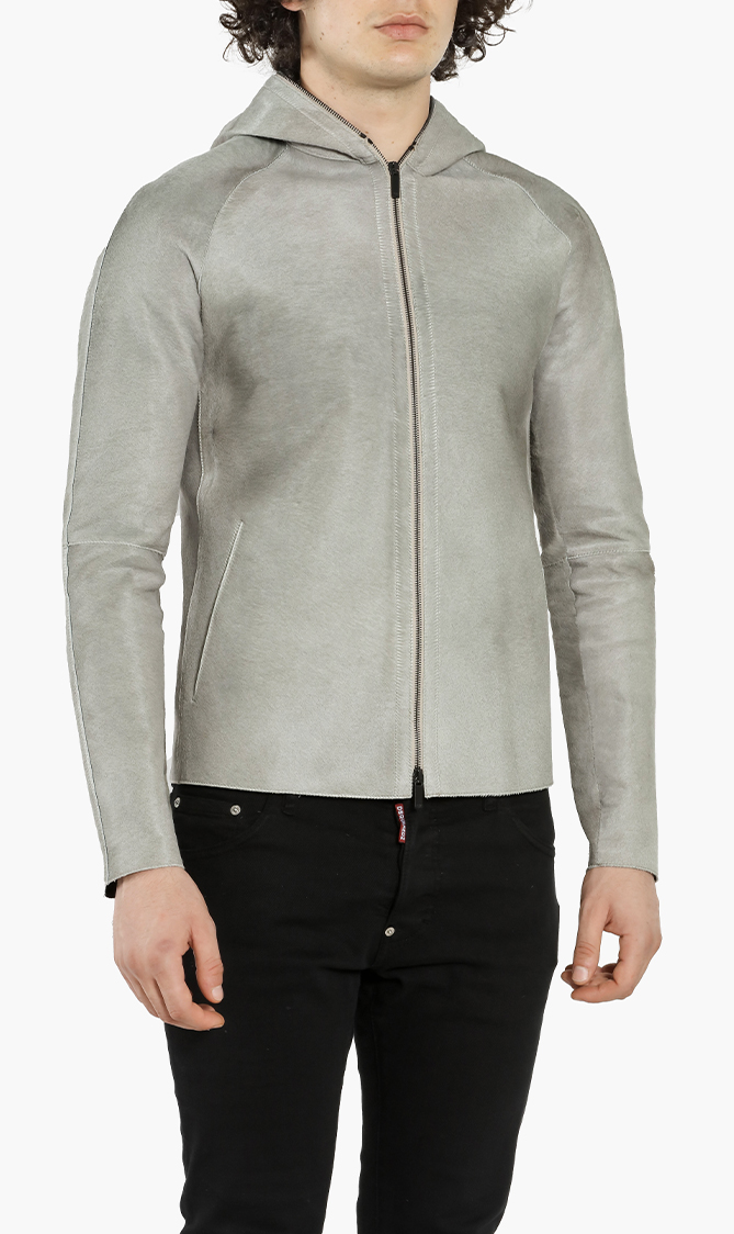 

Bovine Leather Hooded Jacket, Grey