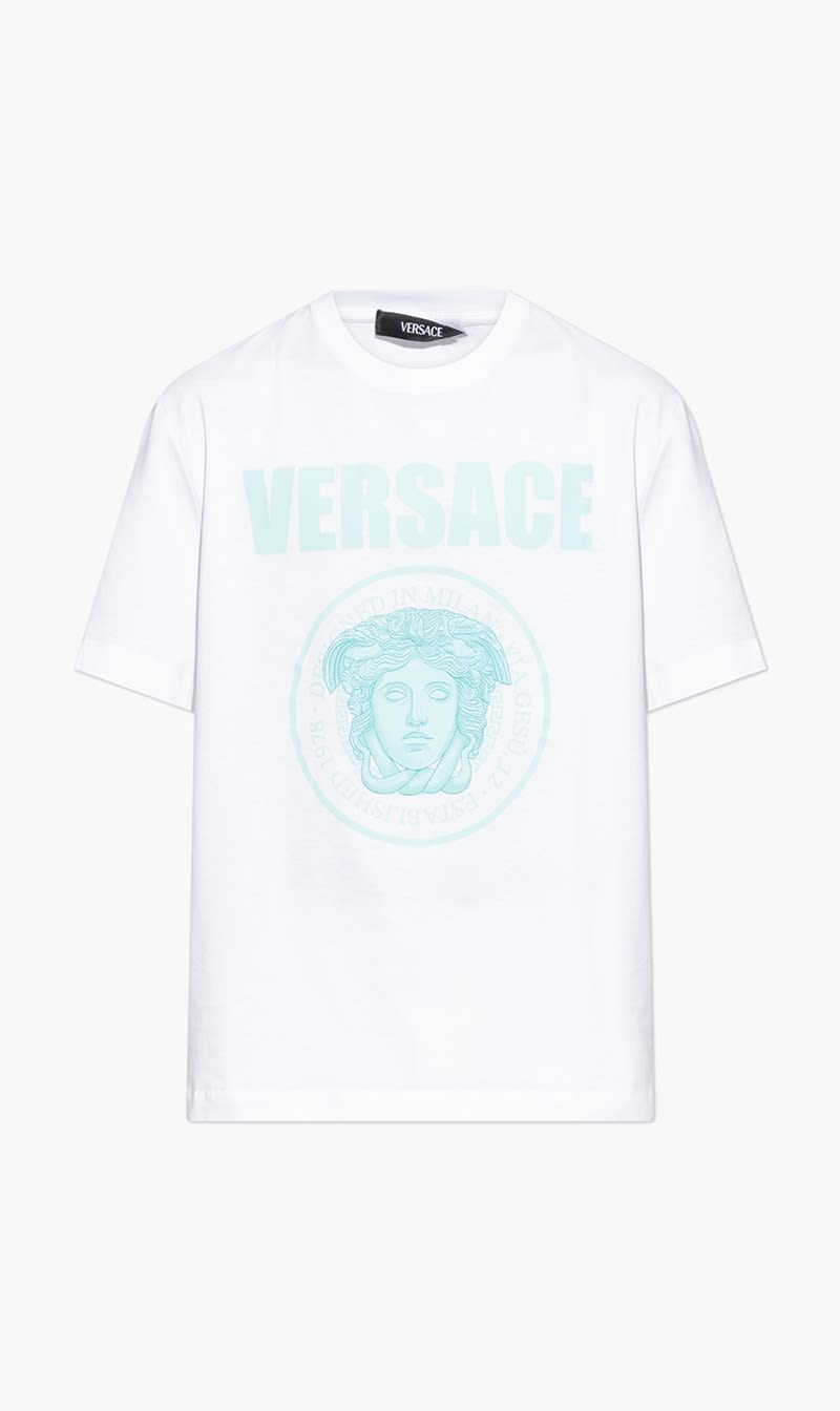 

Versace White T Shirt Compact Cotton Jersey Fabric Medusa Rock Print for Men | The Deal Outlet