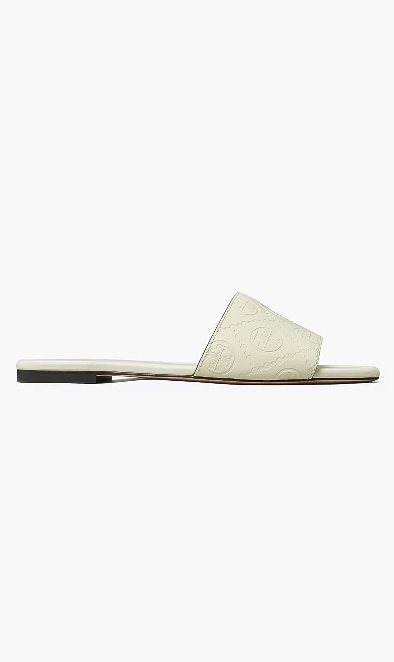 

Tory Burch Beige T Monogram Embossed Slide for Women | The Deal Outlet