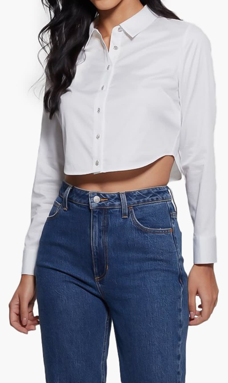 

Guess White Ls Sami Cropped Button Up for Women | The Deal Outlet