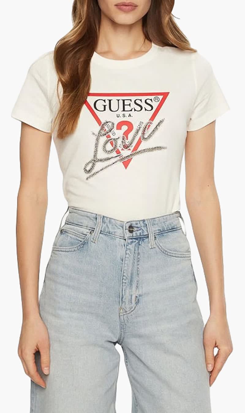 White Guess Pink Crew Neck T-shirt for Women