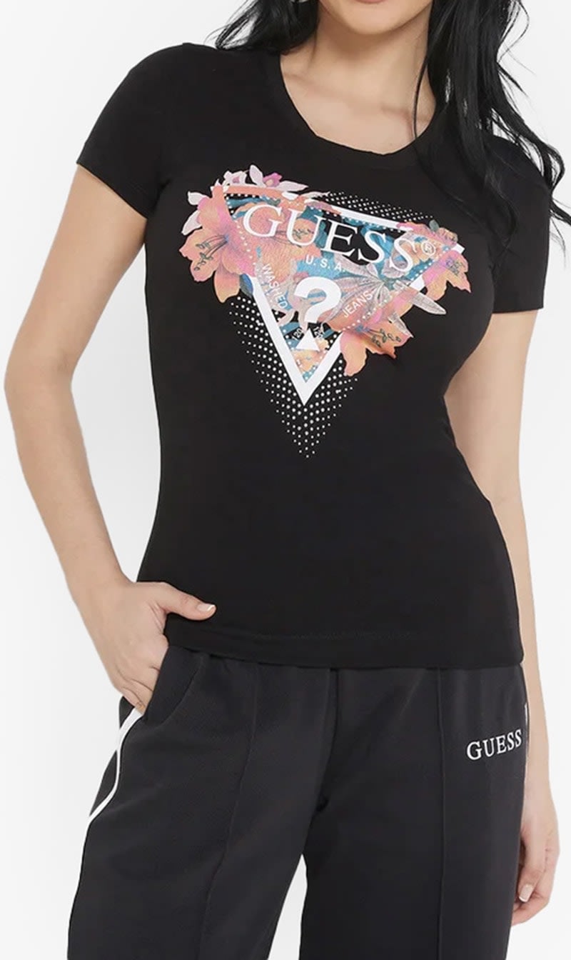 

Guess Black Ss Cn Tropical Triangle Tee for Women | The Deal Outlet