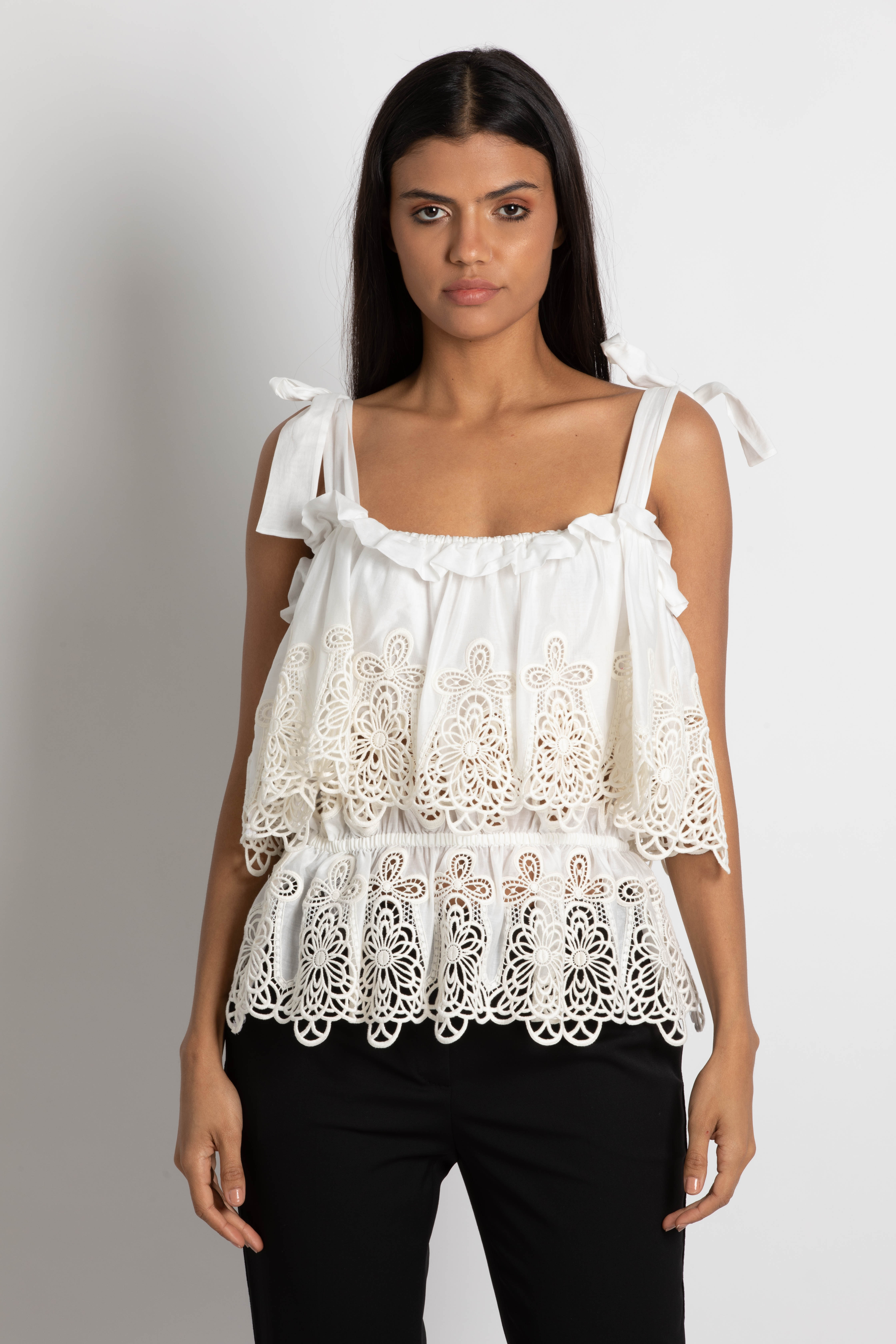 

Dolce & Gabbana White Embroidered Flounce Tank Top for Women | The Deal Outlet