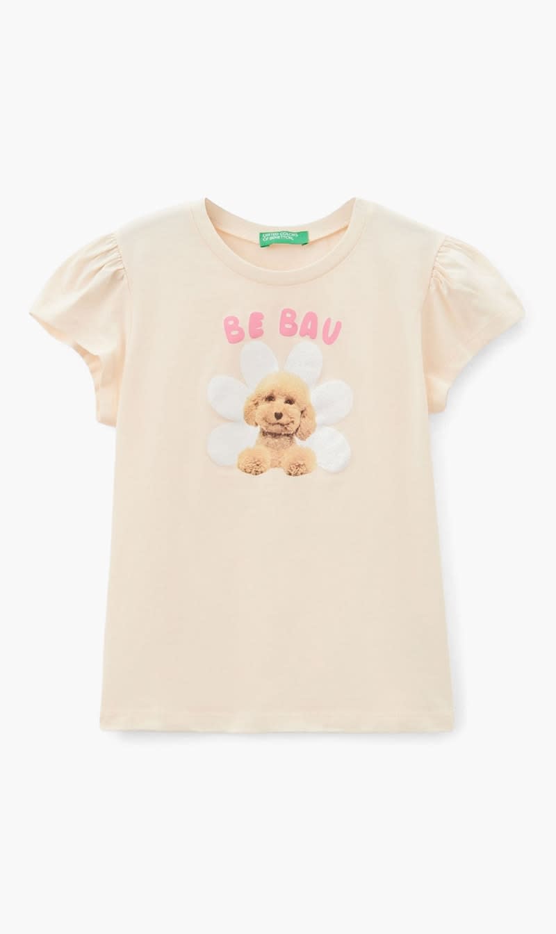 Beige United Colors Of Benetton White Round Neck T-shirt for Girls