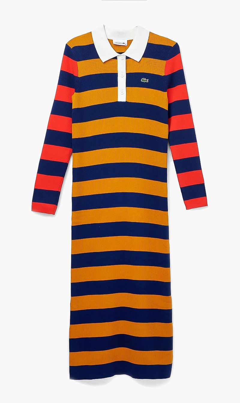 

Striped Mid-length Polo Dress, Brown