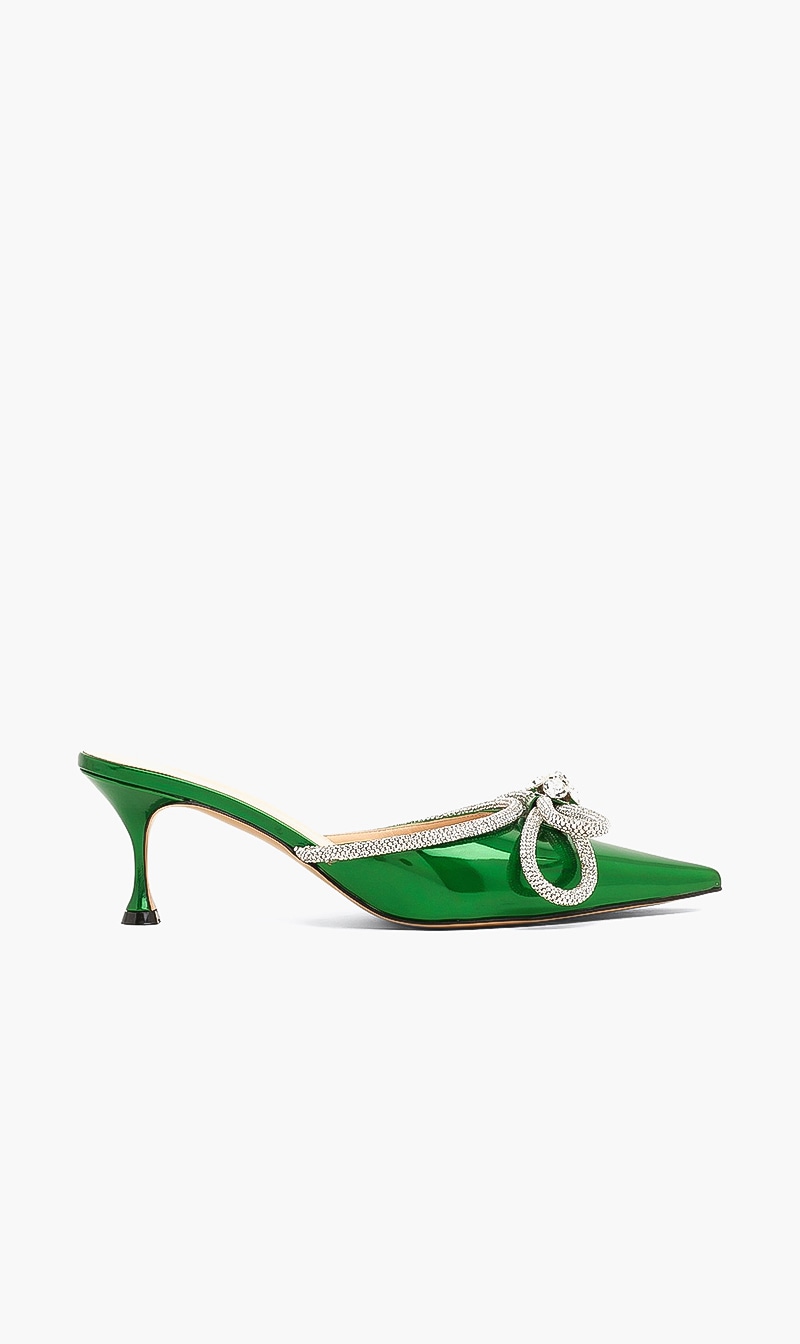 

Mach And Mach Green Double Bow Green Iridescent Kiiten-heel Mules 65mm for Women | The Deal Outlet