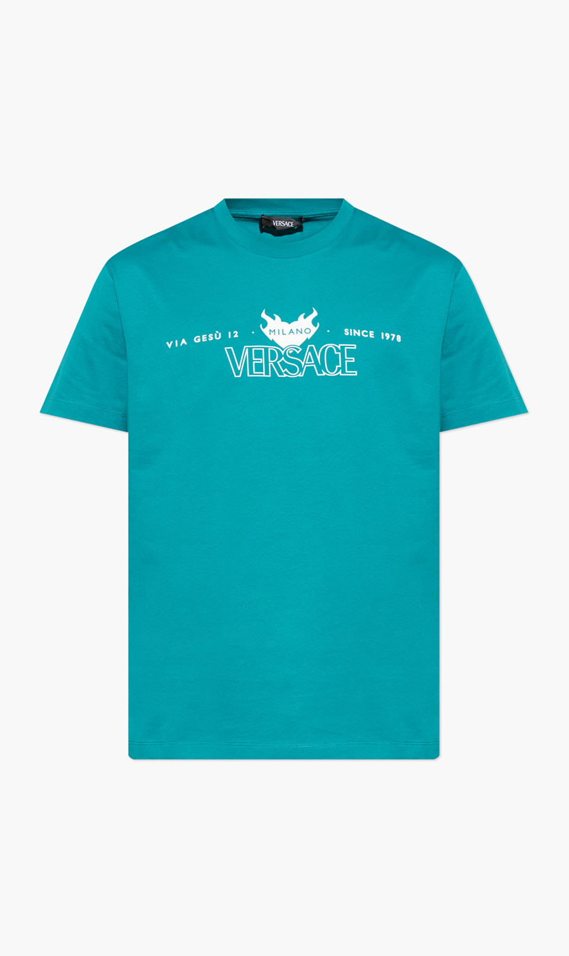 

Versace Green T Shirt Compact Cotton Jersey Fabric Versace Logo Print for Men | The Deal Outlet