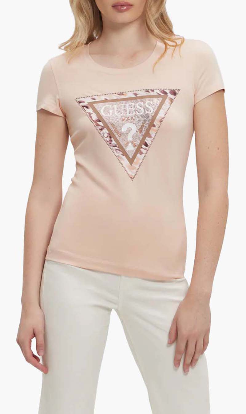 Beige Guess Brown Cheeta Logo Tee for Women