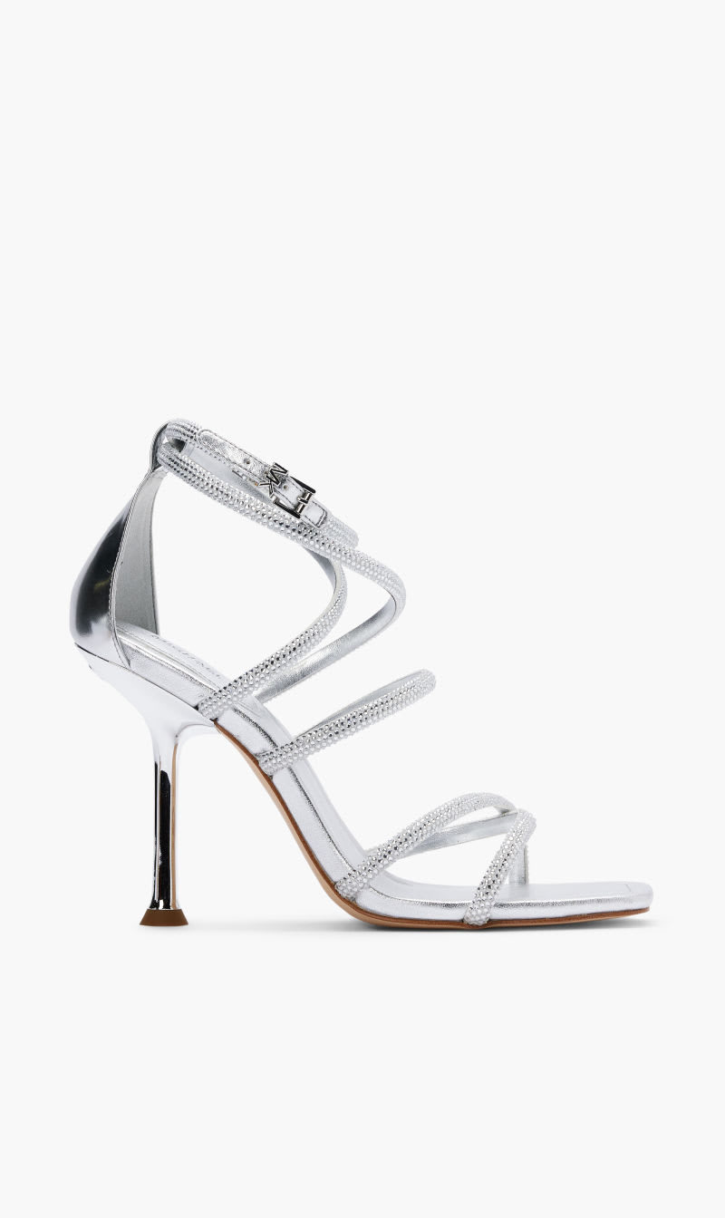 

Michael Kors Silver Imani Strappy Sandal for Women | The Deal Outlet