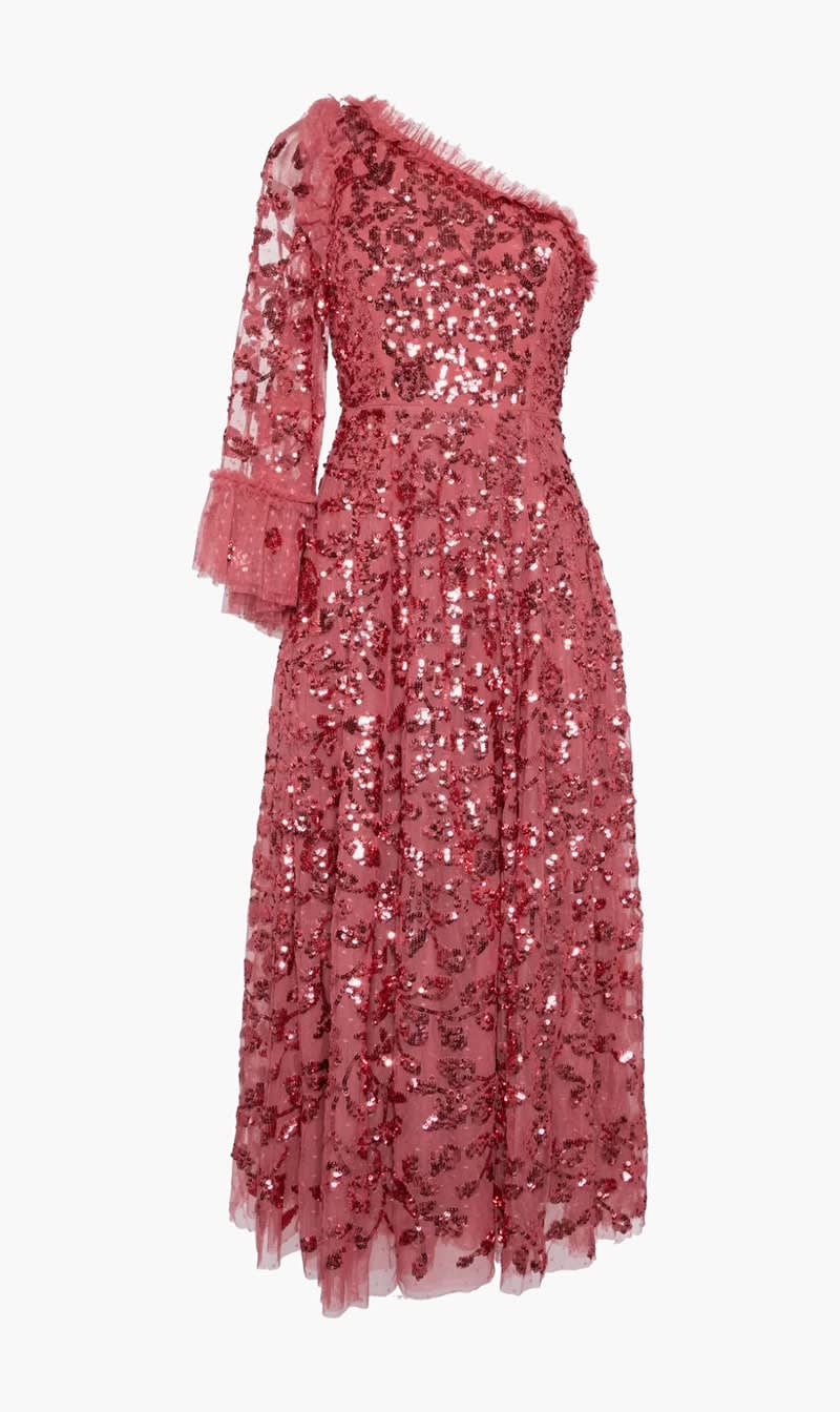 

Needle & Thread Red Falling Leaves One Shoulder Ankle Gown for Women | The Deal Outlet
