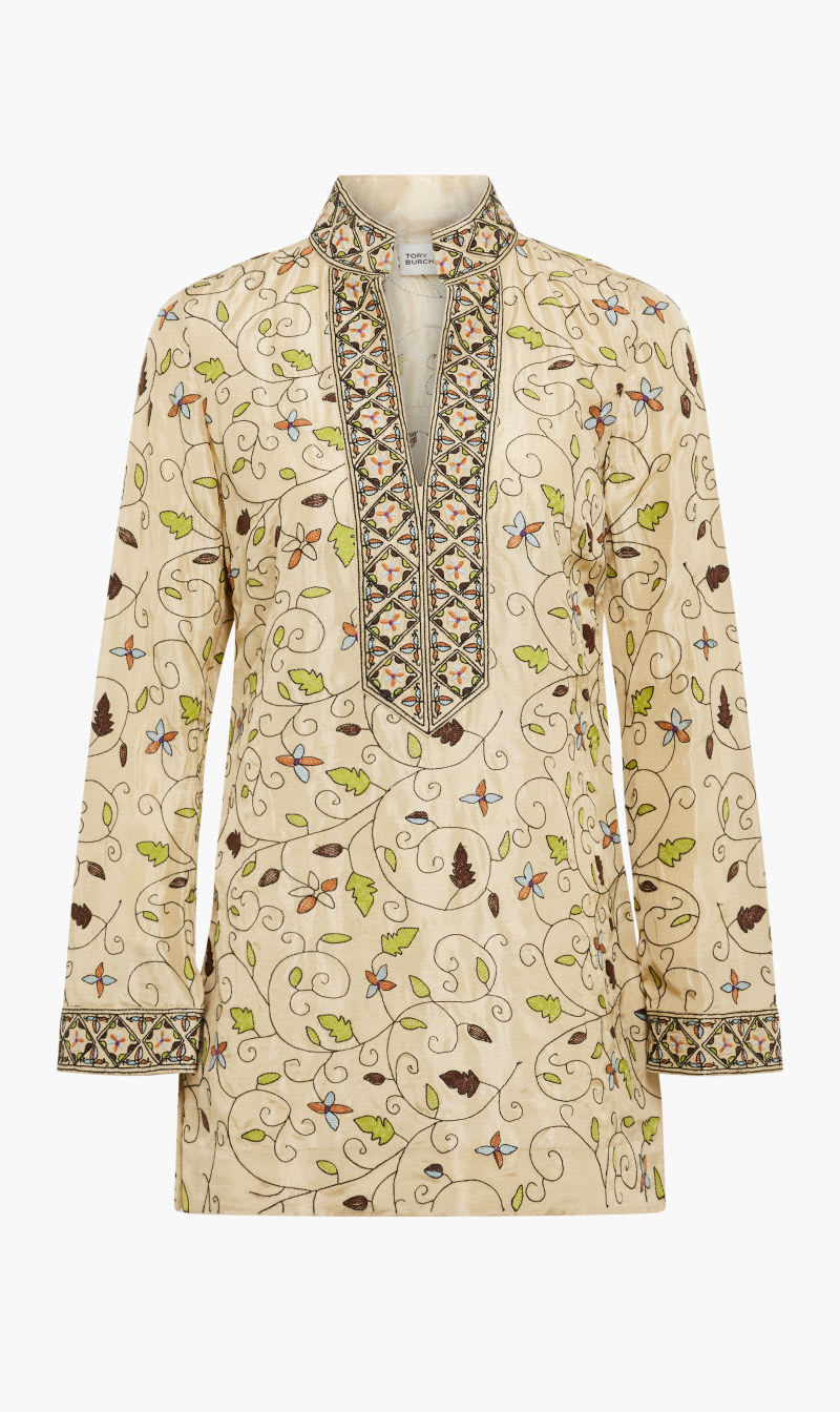 

Tory Burch Green Embroidered Silk Tory Tunic for Women | The Deal Outlet
