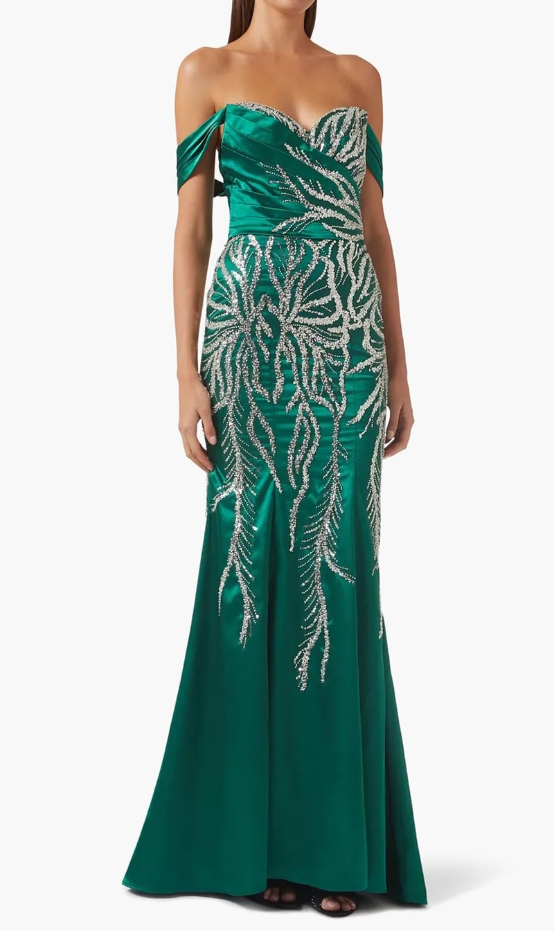

Basix Black Label Green Off Shoulder Embellished Gown for Women | The Deal Outlet