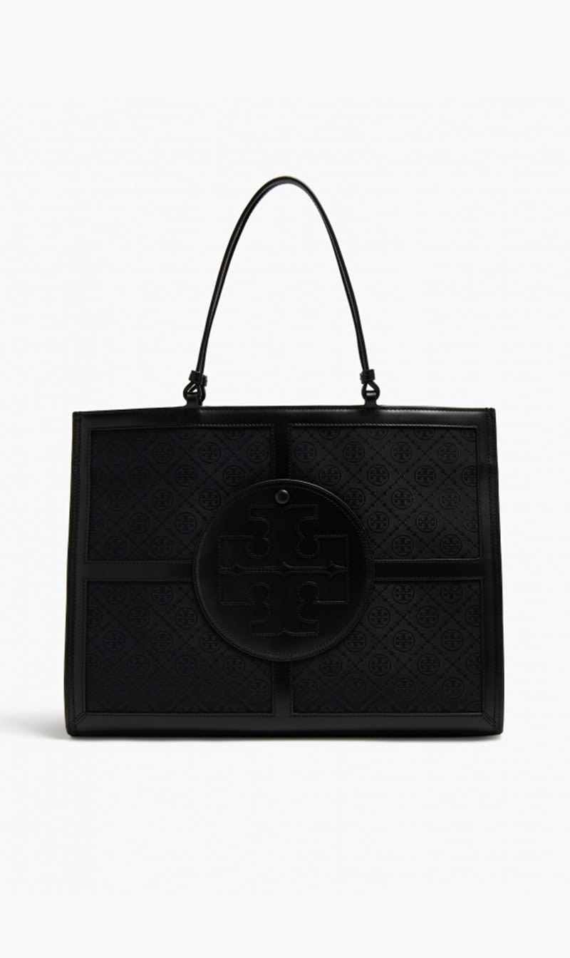 

Tory Burch Black Ella T Monogram Quadrant Tote for Women | The Deal Outlet