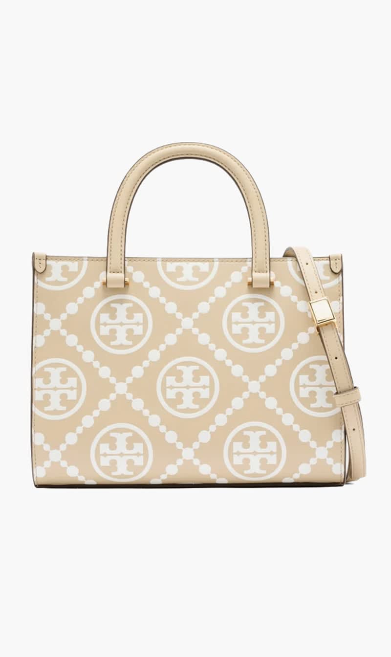 

Tory Burch Beige T Monogram Embossed Tote Bag for Women | The Deal Outlet