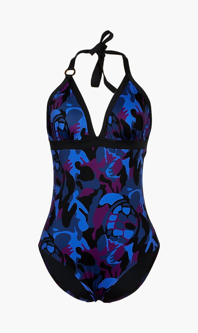 

Feeric Camouflage Turtle Halter One-piece Swimsuit, Blue