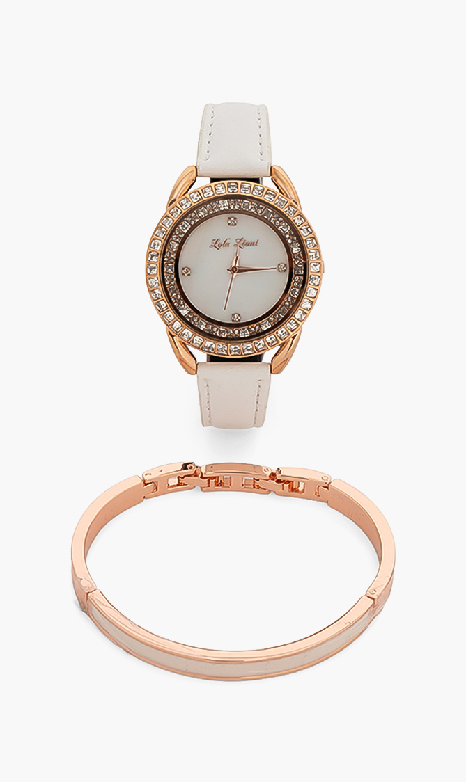 Stone Studded Analog Watch And Bangle Set, Black