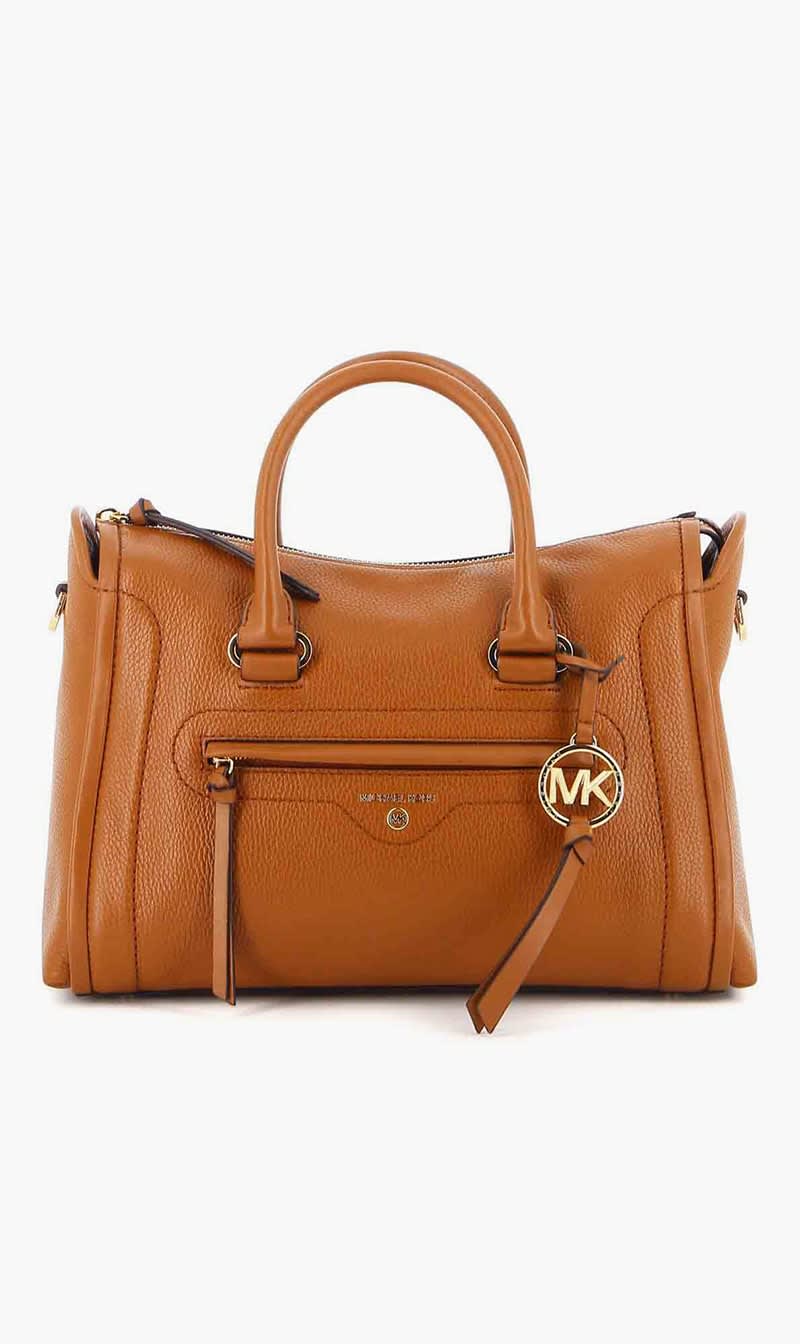 

Michael Kors Brown Carine Medium Pebbled Leather Satchel for Women | The Deal Outlet