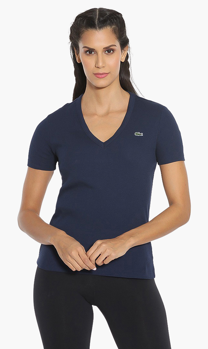 

Lacoste Blue V-neck Ribbed T-shirt for Women | The Deal Outlet