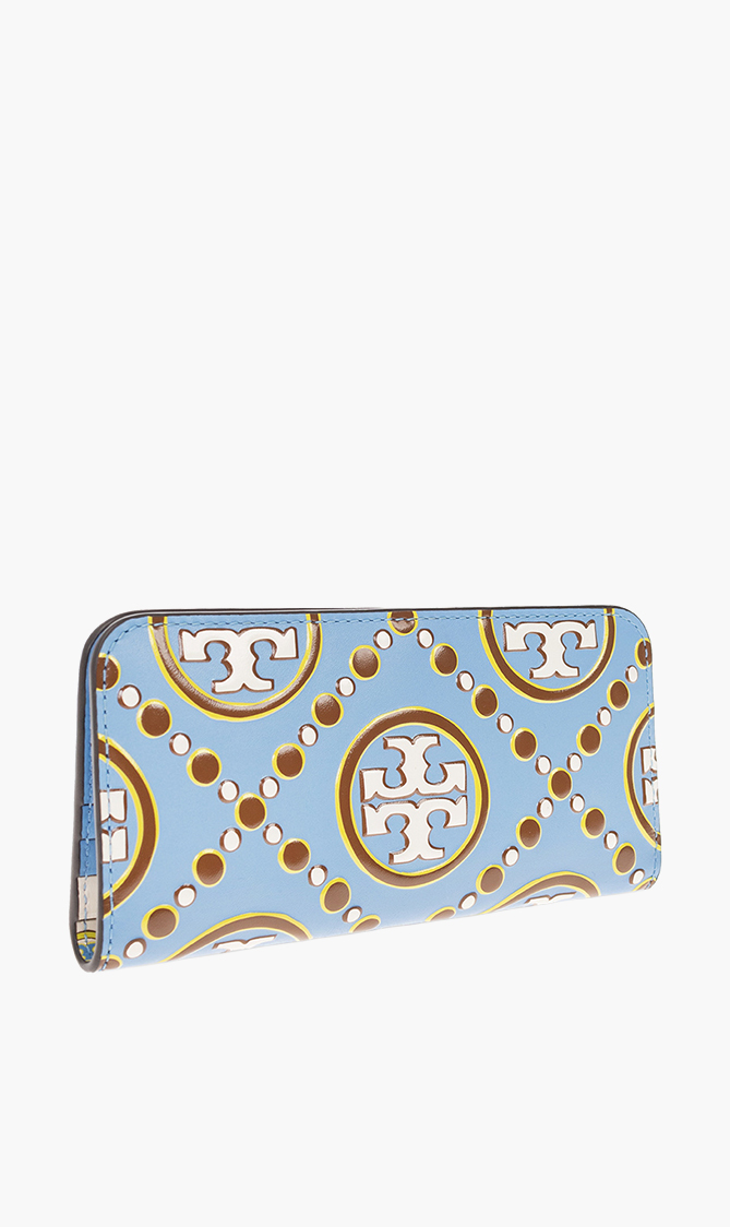 

Tory Burch Blue T Monogram Contrast Embossed Zip Slim Wallet for Women | The Deal Outlet