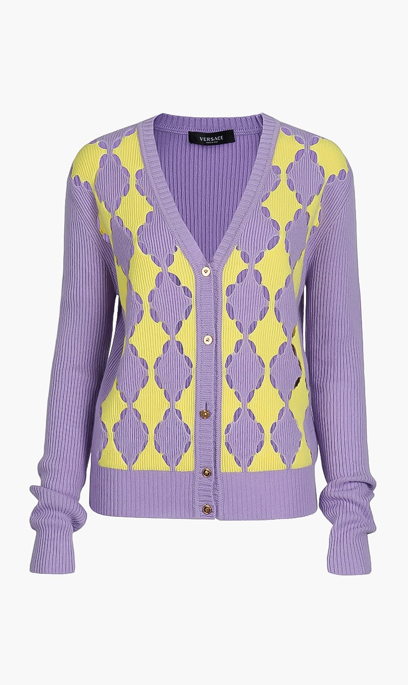 

Versace Purple Bi Color Harlequin Cashmere Cardigan for Women | The Deal Outlet