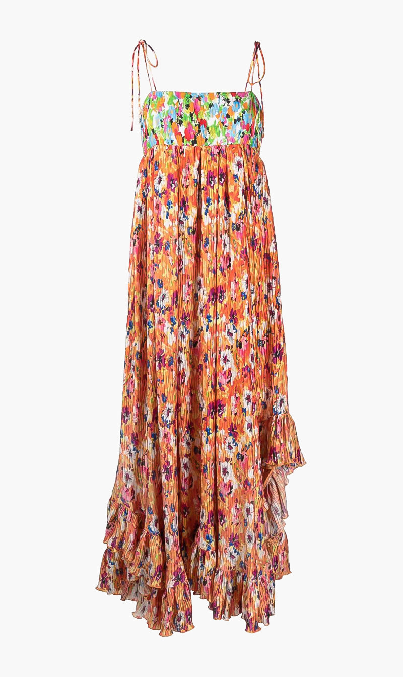 

Floral Print Pleated Dress, Orange