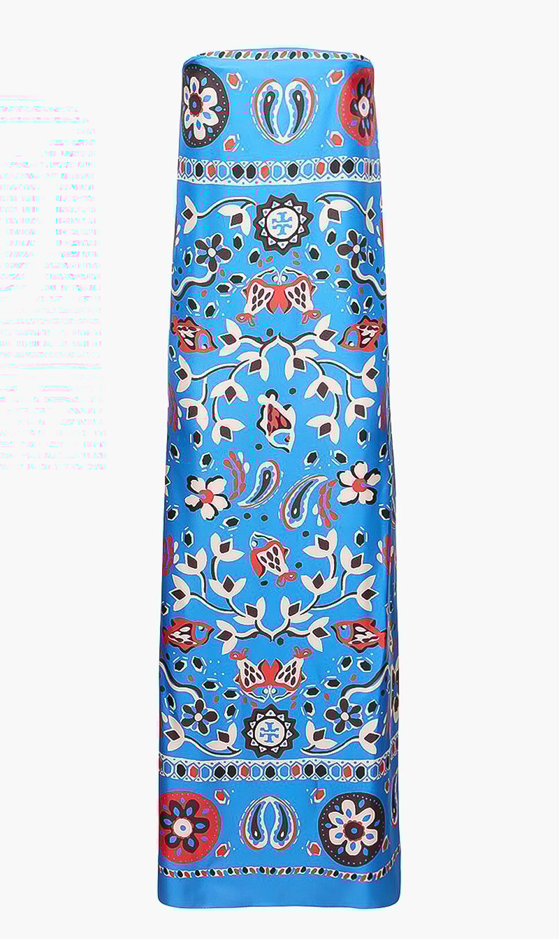 

Tory Burch Blue Printed Silk Strapless Dress for Women | The Deal Outlet