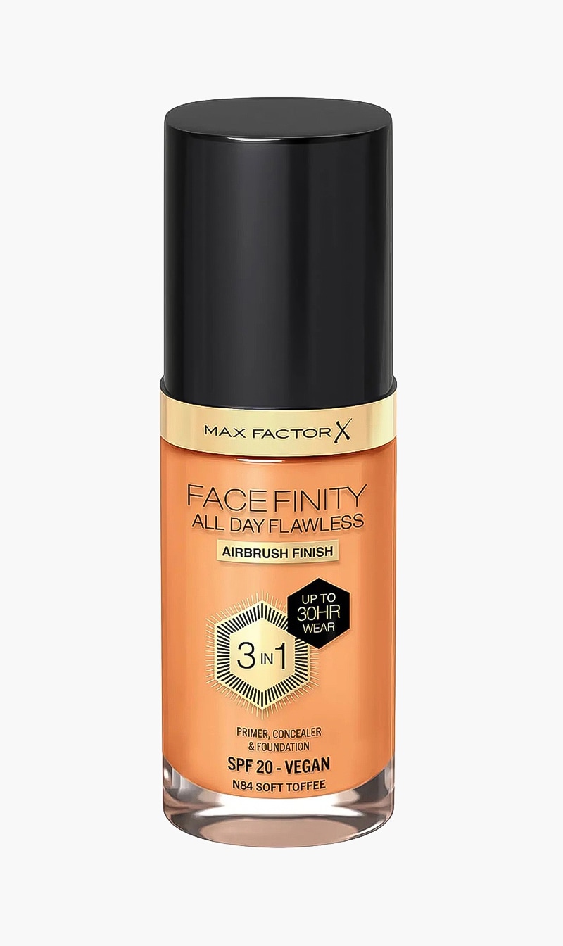

Max Factor Facefinity All Day Flawless. Liquid Foundation. 3 In 1. 084 Soft Toffee. 30 Ml