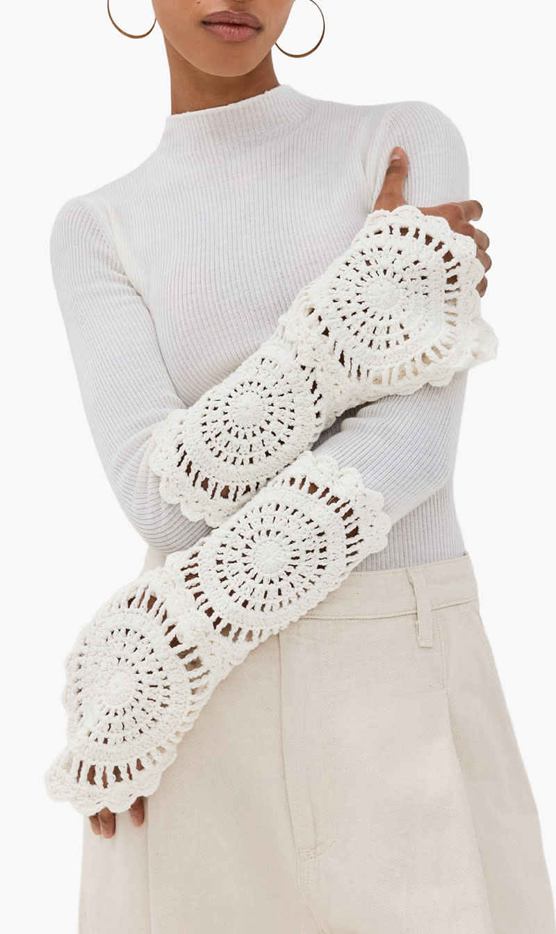 

Aje White Mosaic Crochet Detail Knit Top for Women | The Deal Outlet