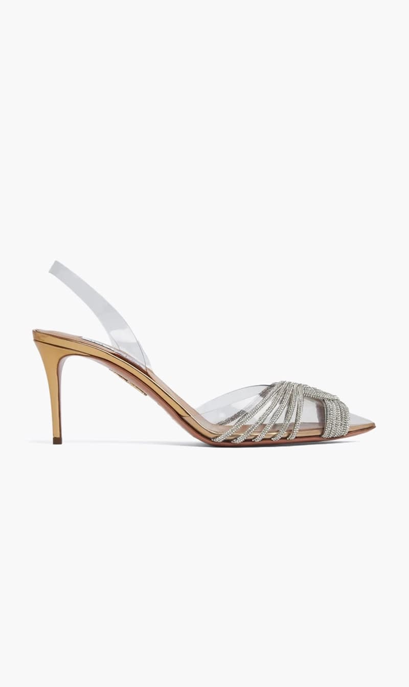 

Aquazzura Firenze Gold Gatsby 75 Sling Pumps for Women | The Deal Outlet
